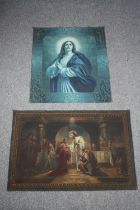 Two religious oil paintings on unbacked canvases. Christ and the Virgin Mary. H.78 W.120 cm. (