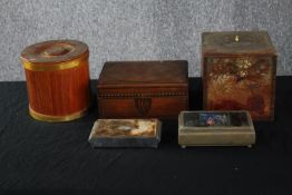 A collection of jewellery and sewing boxes, including an Art Deco chrome trinket box with mirror