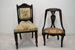 A Victorian painted oak nursing chair with mother of pearl inlay and a 19th century dining chair.