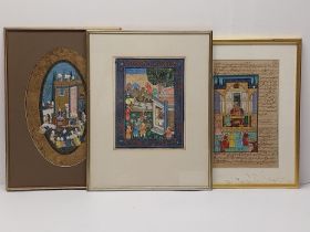 Three framed Indo-Persian 19th century gouaches on paper two of courtroom scenes and one of a Indian