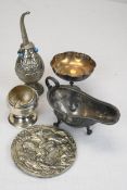 A mixed collection of silver plated items to include a dish, medallion, goblet, rosewater