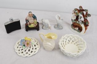 A mixed selection of ceramics, a Buddha and hip flask. The Buddha is 14cm tall.