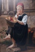 Gilt framed print on canvas, a girl eating apples, unsigned. H.116 W.85 cm