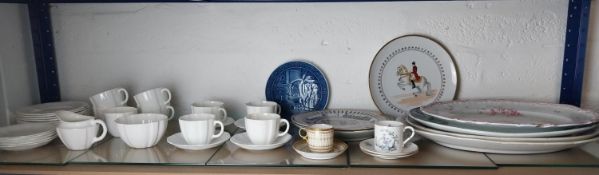 A Crown Derby tea set plus other ceramics. (Complete shelf)