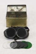 Vintage Alda welders goggles housed in a tin with multiple lenses. H.11 W.7 D.6 cm.