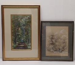 A framed and glazed watercolour and an ink sketch. H.48.5 W.33.5 cm (largest)