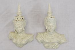 Pair of Chinese flat back ceramic heads. H.25 W.19cm