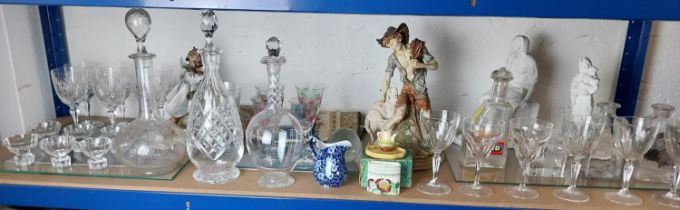 Complete shelf of collectables, glassware, ceramics to include Burleigh Calico, Parian figures and