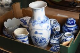 A quantity of hand painted blue and white ceramics. Including a ginger jar, vases and jugs.