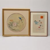 A Japanese early 20th century watercolour of a song bird in a tree, with artists seal along with a