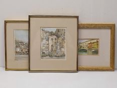 Three miscellaneous framed and glazed watercolours. H.28 W.37.5 cm (largest)