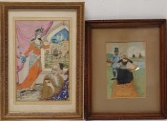 An Indo-Persian watercolour and a watercolour of a lady. H.33 W.23.5 cm (largest)