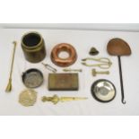 A collection of brass and copper, including a brass horse head shoe horn, a gavel, a copper