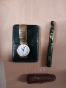 A Mentmore 14ct gold nib and a Philip Mercier wristwatch along with boxed cigarette holder.