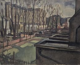 Oil on canvas, unframed, gardens and rear view of Victorian London terraces, unsigned. H.40 W.51cm.