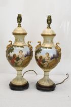 After Francois Boucher Shepherd, a pair of transfer printed and gilded classical figural design twin