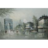 A gilt framed oil on canvas, Paris street scene, signed. H.72 W.85cm.