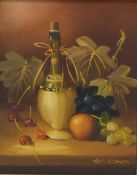 A gold painted moulded framed oil on canvas of a still life depicting a bottle of wine and fruit,