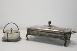 Two silver plated and glass lidded butter dishes.