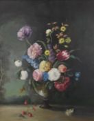 A gold painted framed oil on canvas still life of a vase of flowers with a birds nest.
