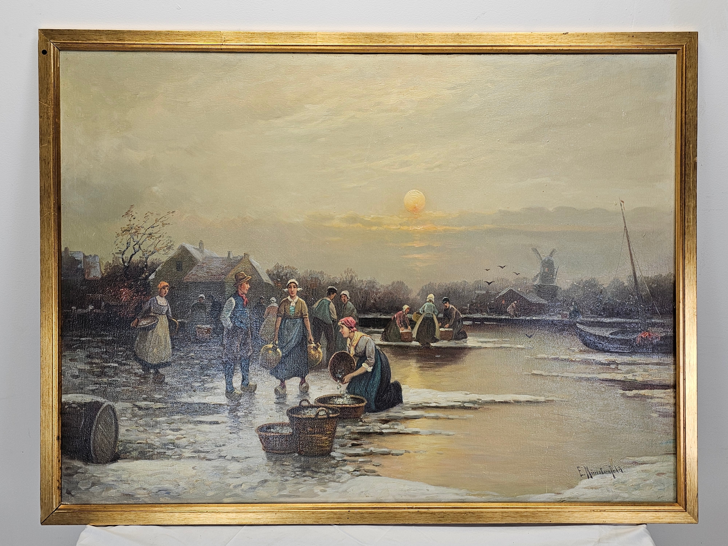 A large framed contemporary oil on board, 19th century style Dutch figures on a frozen canal. H.50 - Image 2 of 5