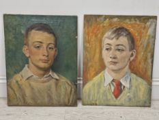 Two oil portraits, one on canvas (left) and one on board (right). Unframed. Largest is H.47 W.36cm.