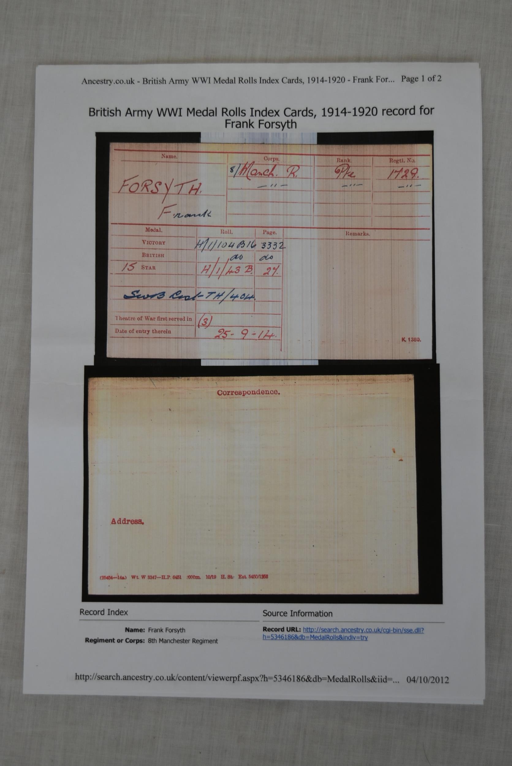 Pte Frank Forsyth of the Manchester Regiment. Medals with description card of soldier. - Image 2 of 3