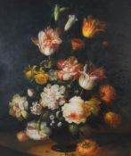 A framed 20th century oil on canvas still life of a vase of flowers, signed K. Alison. H.70 W.60cm.
