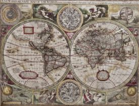 A framed and glazed reproduction print of a double hemisphere map of the world. H.71 W.94cm.