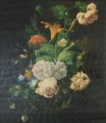 A framed print of a 19th century oil still life of a vase of flowers. H.70 W.60cm.