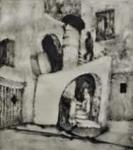 Peter Spens, monotype on paper, framed and glazed; The Spiral Stairway. H.76 W.71cm.