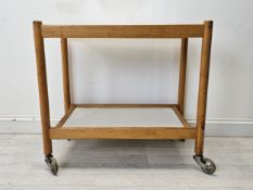 Drinks trolley, mid century beechwood and composite laminate. H.69 W.74 D.46cm.