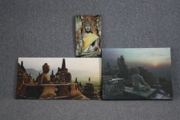 A collection of three prints on canvas featuring stone Buddhas. H.50 W.100cm. (largest)