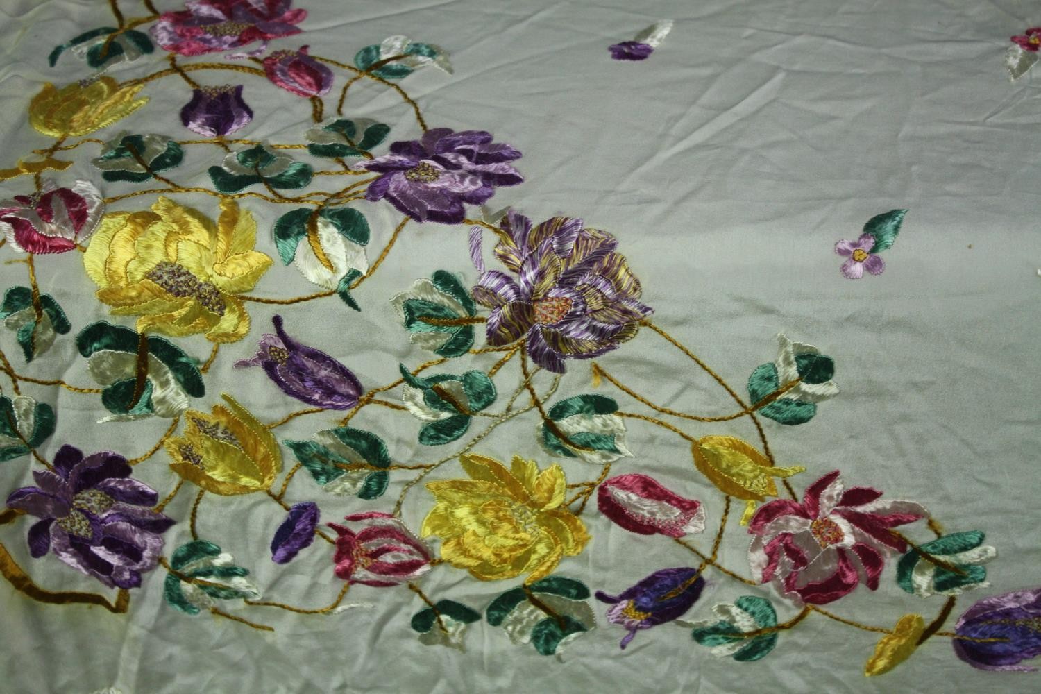 A Victorian French silk embroidered floral design bed throw with silk tassel edging. L.140 W.130cm. - Image 2 of 5