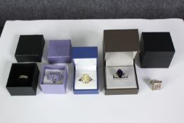 Five boxed silver and gemstone dress rings, set with rutilated quartz, amethyst, peridot and