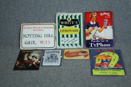 Six metal advertising signs and one on cardboard. Modern reproductions. Including R. Whites
