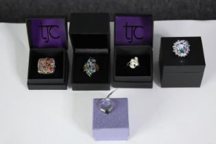 Five boxed silver and gemstone dress rings, set with cultured pearls, sapphire, prasiolite,