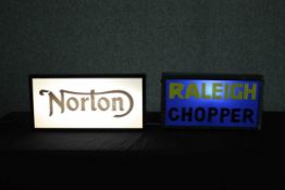 Two modern illuminated Norton and Chopper motorbike signs. H.24 W.49 D.7cm. (largest)