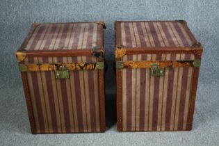 A pair of vintage leather and metal bound steamer trunks. H.60 W.50 D.50cm. (each)