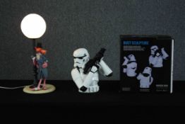 Pink Panther lamp and a boxed Star Wars figurine. H.51 cm. (largest)