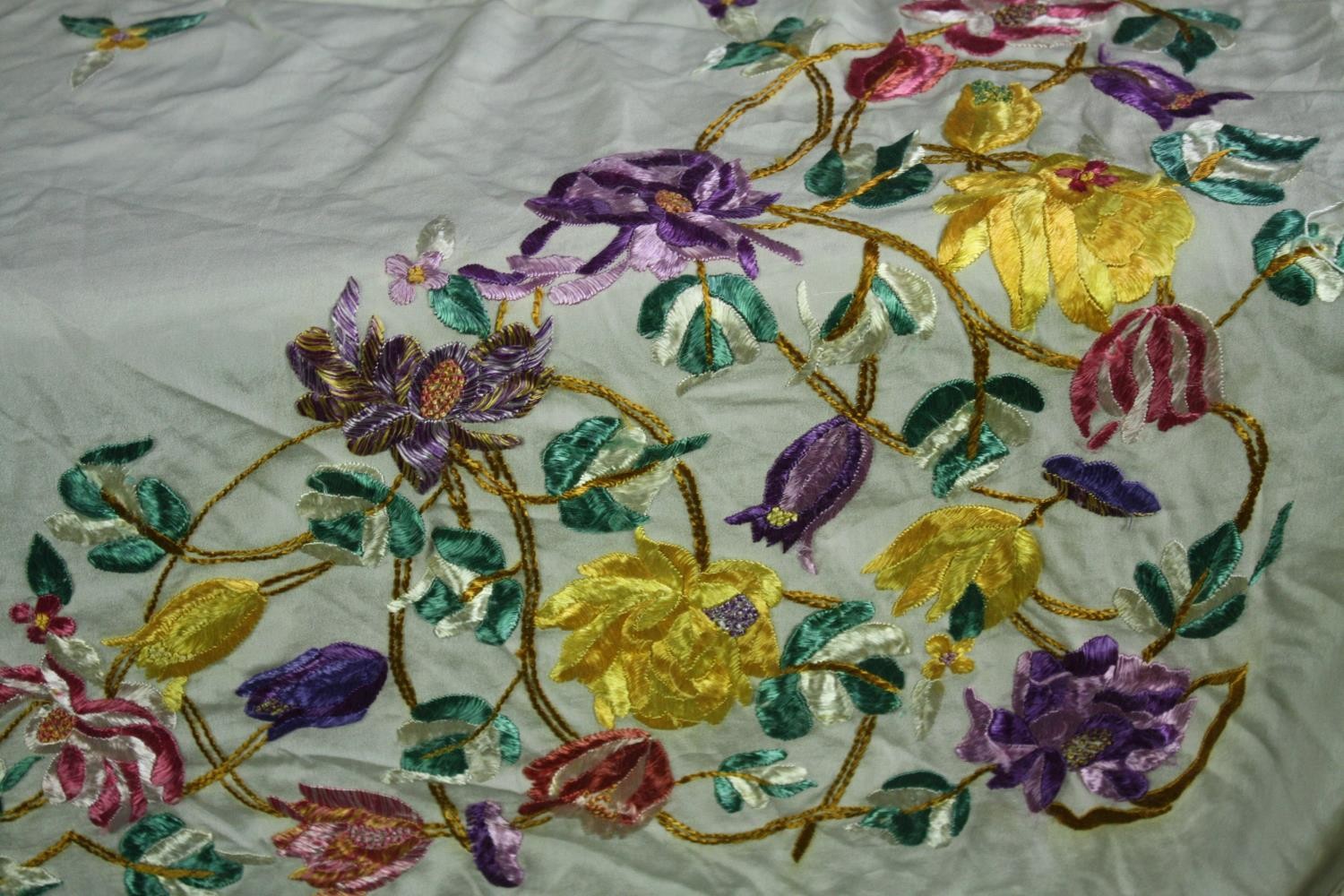A Victorian French silk embroidered floral design bed throw with silk tassel edging. L.140 W.130cm. - Image 4 of 5