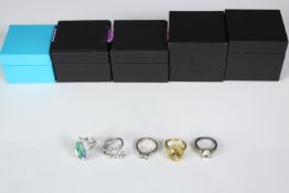 Five boxed silver and gemstone dress rings, set with mystic topaz, aquamarine, prasiolite and