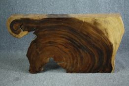 A console table cut from a section of a mangosteen tree. Oiled and waxed, unique. H.66 W.120 D.17cm.