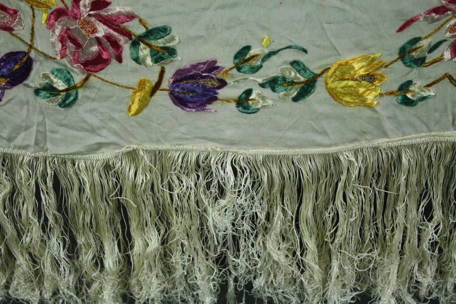 A Victorian French silk embroidered floral design bed throw with silk tassel edging. L.140 W.130cm. - Image 3 of 5