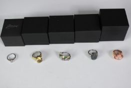 Five boxed silver and gemstone dress rings, set with kunzite, rose quartz, garnet and citrine.