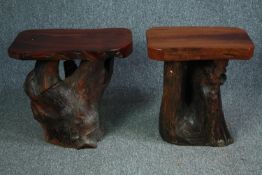 A pair of stools cut from Eastern hardwood timber. H.46cm.