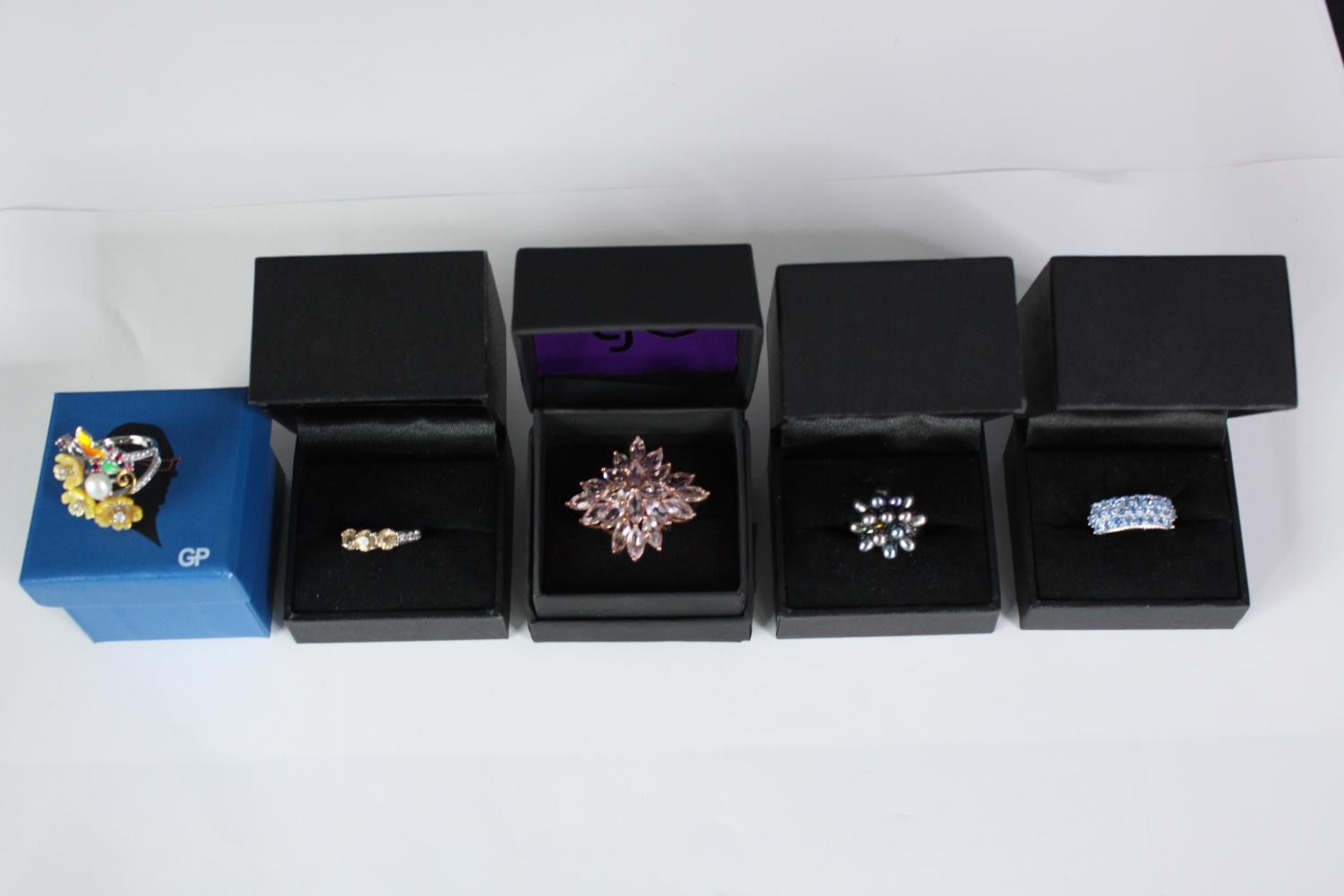 Five boxed silver and gemstone dress rings, set with kunzite, black cultured pearl, mother of