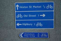 Two metal London street signs. Hoxton, Old Street and Highbury. H.63 W.90cm. (largest)