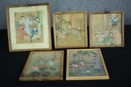 Five Japanese paintings on fabric, maybe silk. Framed and glazed. A couple showing signs of past