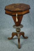 Work table, Victorian trumpet form burr walnut with rosewood and satinwood inlay. H.74 W.44 D.44cm.
